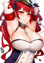 armpits arms_up azur_lane big_breasts breasts chains eyebrows_visible_through_hair hat honolulu_(azur_lane) kuroishimebo looking_at_viewer red_hair simple_background tagme white_background