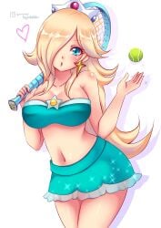 belly_button big_breasts blonde_hair blue_eyes blue_skirt blue_tubetop cleavage earring hair_over_one_eye heart low_cut_top mario_(series) mario_tennis miniskirt nintendo princess_rosalina sugarbell tennis_ball tennis_racket tubetop