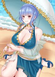 1girls absurd_res absurdres alternate_costume bangs beach bikini blue_bikini blue_footwear blue_hair blue_nails blue_sarong blue_swimsuit blush braid breasts brown_eyes cleavage collarbone commentary commission crown_braid female female_only fingernails fire_emblem fire_emblem:_three_houses fire_emblem_heroes gold_trim grin hi_res highres holding holding_umbrella large_breasts looking_at_viewer marianne_von_edmund marianne_von_edmund_(summer) nail_polish nintendo ocean official_alternate_costume parasol pink_eyes rynn_(darknescorez) sand sandals sarong short_hair sidelocks sitting smile solo swimsuit toenail_polish toenails toes umbrella water wet