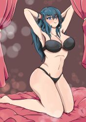 1girls alluring bare_midriff bedroom blue_eyes blue_hair breasts byleth_(fire_emblem) byleth_(fire_emblem)_(female) female_only fire_emblem fire_emblem:_three_houses long_hair nintendo on_bed skye_borough solo teal_hair