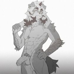 2023 abs anthro areola arknights arm_tattoo athletic athletic_anthro athletic_male ball_tuft balls bodily_fluids canid canine canis domestic_dog foreskin fur genital_fluids genitals hair half-erect horn humanoid_genitalia humanoid_penis hung_(arknights) hypergryph leaking_precum long_hair looking_at_viewer male male_only mammal monochrome multicolored_body multicolored_fur multicolored_hair nude partially_retracted_foreskin penis precum pubes solo studio_montagne tail tattoo towel tuft two_tone_body two_tone_fur two_tone_hair vein veiny_penis yume_mitaatode