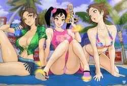 3girls beach big_breasts bikini black_hair brown_eyes brown_hair christie_monteiro cleavage deviantart female female_only holding_phone ling_xiaoyu miharu_hirano multiple_girls namco phone selfie shorts summer_dress systemst91 tekken tekken_3 tekken_4 tekken_5_dark_resurrection tekken_7 tekken_tag_tournament tekken_tag_tournament_2