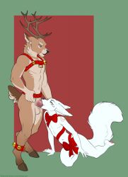 2020 anthro anthro_on_anthro antlers balls canid canine capreoline deepthroat deer demicoeur duo erection etheras fellatio fennec fox genitals hi_res hooves horn male male/male mammal mostly_nude oral oral_penetration penetration penile reindeer ribbons sex simple_background sucking tail