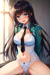 ai_generated black_hair blue_eyes mahouka_koukou_no_rettousei shiba_miyuki shy stable_diffusion thighs