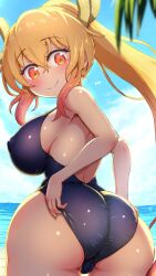 1girls ass ass_focus beach big_ass big_breasts blush breasts dragon_girl dragon_horns erect_nipples female large_ass large_breasts light-skinned_female miss_kobayashi's_dragon_maid nipple_bulge orange_eyes ozrereresan smile solo swimsuit tohru_(dragon_maid) twintails