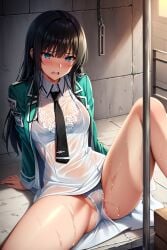 ai_generated alde black_hair blue_eyes mahouka_koukou_no_rettousei shiba_miyuki shy stable_diffusion thighs