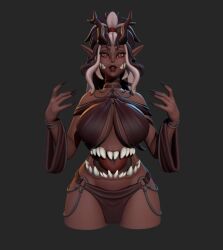 1girls 3d 3d_(artwork) breasts clothing dark-skinned_female elf_ears hips large_breasts monster_girl red_eyes simple_background texelion thick_thighs thighs wide_hips