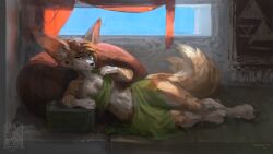 2023 absurd_res anthro big_ears breasts canid canine clothed clothing digital_media_(artwork) ear_piercing female fennec fox fur glowing glowing_eyes hi_res inside looking_at_viewer lying mammal maneframe nipple_slip nipples on_side orange_eyes partially_clothed piercing puck_(smutvault) smile solo solo_focus tail tan_body tan_fur watermark window window_light