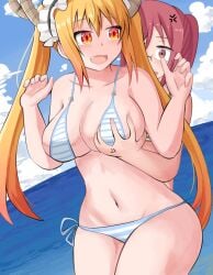 2girls beach big_ass big_breasts bikini bikini_bottom bikini_top blonde_hair breast_envy breast_grab duo envy female female_only grope groping groping_breasts groping_from_behind jealous jealous_female kobayashi large_ass large_breasts maid_headdress miss_kobayashi's_dragon_maid oerba_yun_fang open_mouth swimsuit thick_thighs tohru_(dragon_maid) twintails water wide_hips zelrari