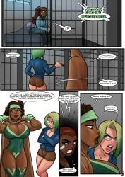 3girls african_female annabel_winifred_crusoe ass big_ass big_breasts breasts dark_skinned_female dialogue english_text hero_tales jail page_5 prison rabies-t-lagomorph speech_bubble streets_of_anarchy thick_thighs thighs violent_milieu warden_keane