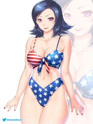 1girls alternate_costume amano_maya american_flag american_flag_bikini american_flag_print artist_name atlus bikini black_hair breasts cleavage etchimune female female_only flag_print large_breasts lipstick looking_at_viewer makeup maya_amano navel persona persona_2 print_bikini purple_eyes short_hair smile solo swimsuit thighs