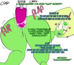 1girls anal anal_penetration dialogue dildo dildo_machine female fucking_machine gem_(species) green_eyes green_skin guillion_(toshkarts) hearts offscreen_character onomatopoeia penetration peridot_(steven_universe) pleasure_face saliva_trail sex_machine sex_toy steven_universe tagme