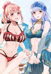 2girls alternate_costume alternate_hairstyle back_view bare_shoulders bikini blue_bikini blue_hair blue_nails blue_skirt blue_swimsuit blunt_bangs blush braid breasts cleavage crown_braid eyewear_on_head female female_only fire_emblem fire_emblem:_three_houses fire_emblem_heroes fire_emblem_warriors:_three_hopes flower flower_in_hair grey_eyes hair_bun hilda_valentine_goneril hilda_valentine_goneril_(summer) izuminnu lifting_leg looking_at_viewer marianne_von_edmund marianne_von_edmund_(summer) medium_breasts multiple_girls navel nintendo off_shoulder official_alternate_costume official_alternate_hairstyle open_mouth pink_bikini pink_hair pink_nails pink_swimsuit plain_background round_eyewear short_hair sitting skirt smile sunglasses sunglasses_on_head swimsuit twintails v white_background