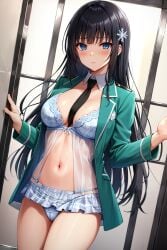 ai_generated alde black_hair blue_eyes mahouka_koukou_no_rettousei shiba_miyuki shy stable_diffusion thighs