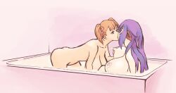 2girls ass bathtub big_breasts breast_squeeze breasts decisivetang_(artist) haha_musume_donburi_oppai_tokumori_bonyuu_shiru_dakude hizuki_ayana huge_breasts kagaku_na_yatsura kissing lactating lactation milk_bath nude nude_female orange_hair oyakodon_oppai_tokumori_bonyuu_shirudaku_de purple_hair rumi_(haha_musume_donburi) twintails yuri