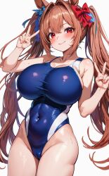 1girls :) ai_generated animal_ears big_breasts blush breasts brown_hair busty cleavage collarbone curvaceous curvy_body curvy_female cute daiwa_scarlet_(umamusume) double_peace_sign double_v enormous_breasts female_focus female_only giant_breasts gigantic_breasts hair_between_eyes hair_ribbon happy hi_res hips horse_ears horse_girl huge_breasts large_breasts light-skinned_female light_skin looking_at_viewer massive_breasts peace_sign red_eyes ribbon seductive seductive_eyes seductive_gaze seductive_look seductive_mouth seductive_pose seductive_smile shiny shiny_breasts simple_background smile smiling_at_viewer solo solo_female stable_diffusion swimsuit tight_clothing twintails umamusume v very_long_hair voluptuous voluptuous_female waist wasp_waist white_background wide_hips zero0milk