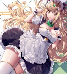 1girls apron blonde_hair bowtie breasts cat_ears core_crystal detached_collar eol_9 fake_animal_ears large_breasts laying_down long_hair looking_at_viewer maid maid_apron maid_headdress maid_uniform mythra nintendo paw_pose thighhighs tiara wrist_cuffs xenoblade_(series) xenoblade_chronicles_2 yellow_eyes