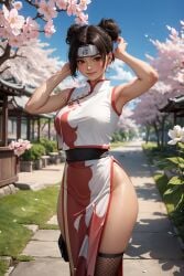 ai_generated armpits breasts brown_eyes cherry_blossoms china_dress chinese_clothes day double_bun dress female fishnet_thighhighs fishnets forehead_protector hair_bun highres looking_at_viewer naruto naruto:_the_last naruto_(series) naruto_shippuden no_panties outdoors pelvic_curtain shimoshin sleeveless solo tenten thighhighs