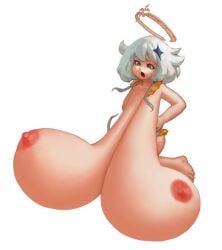 clothing_malfunction decisivetang_(artist) feet female genshin_impact grey_hair halo huge_breasts hyper hyper_breasts nude nude_female paimon_(genshin_impact) sagging_breasts torn_clothes wtf