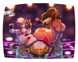 1boy 1girls amazon anthro ass ball_bulge big_ass big_balls big_breasts breasts butt_slap carmessi championship_belt dark-skinned_female dark_skin female gala gala_(carmessi) huge_ass kc_(killedbycuriosity) male no_visible_genitalia penis_bulge slapping_ass thick_thighs thighs wrestler wrestling wrestling_belt