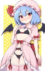 bat_wings blue_eyes blush bra female_focus flat_chest looking_at_viewer panties red_eyes remilia_scarlet revealing_clothes ribbon rizento simple_background the_embodiment_of_scarlet_devil touhou vulva_line