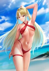 1girls beach bikini blonde_hair endou_lily female female_only long_hair red_bikini red_eyes sedai_one solo virtual_youtuber