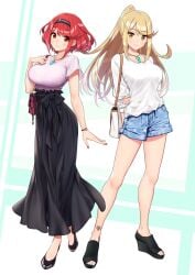 2girls anklet baffu black_skirt blonde_hair breasts core_crystal denim_shorts earrings hairband handbag heart_earrings high-waist_skirt high_heels large_breasts long_skirt looking_at_viewer mythra necklace nintendo painted_fingernails painted_toenails pink_shirt platform_heels ponytail pyra red_eyes red_hair shirt short_hair short_shorts shorts shoulder_bag skirt watch wedge_heels white_shirt wristwatch xenoblade_(series) xenoblade_chronicles_2 yellow_eyes