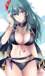 1girls adjusting_clothes alternate_costume aqua_hair bikini black_bikini black_capelet black_swimsuit blue_eyes breasts byleth_(female)_(summer)_(fire_emblem) byleth_(fire_emblem) byleth_(fire_emblem)_(female) capelet commentary_request dagger female female_only fire_emblem fire_emblem:_three_houses fire_emblem_heroes flower hair_flower hair_ornament hibiscus highres jewelry kirishima_riona knife knife_sheath large_breasts long_hair looking_at_viewer navel necklace official_alternate_costume red_flower smile solo swimsuit tassel teal_hair upper_body weapon wristband