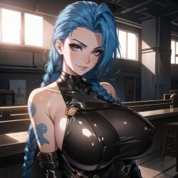 ai_generated big_breasts breast_focus breasts cixf close-up huge_breasts jinx_(league_of_legends) latex league_of_legends portrait self_upload