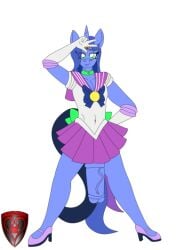 anthro artist_logo bishoujo_senshi_sailor_moon bottomwear clothed clothing cock_hanging crossdressing equid equine fan_character footwear friendship_is_magic gesture hasbro high_heels horn ladyfoxheart logo male male_only mammal my_little_pony mystic_moonlight_(oc) skirt smile solo unicorn v_sign