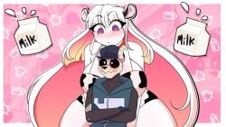 big_breasts bigger_female blush breasts cow_ears cow_outfit friday_night_funkin good_stuff imminent_sex long_hair looking_down milk nikusa_(sugarratio) nikusa_x_tabi not_gay size_difference smaller_male tabi_(homskiy) thick_thighs yt_kids_ahh_thumbnail