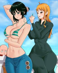 1boy 2girls bikini bikini_top black_robe breasts crossover dark_green_hair elpipe3000 female fubuki_(one-punch_man) jeans long_hair male multiple_girls nami one-punch_man one_piece orange_hair outdoors outfit_swap post-timeskip robe saitama sky striped_bikini tagme