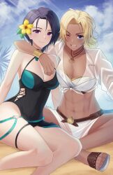 2girls abs beach bikini black_hair black_one-piece_swimsuit black_swimsuit blonde_hair blue_eyes bracelet breasts catherine_(fire_emblem) catherine_(summer)_(fire_emblem) cloud crossed_legs dark-skinned_female dark_skin doiparuni female female_only fire_emblem fire_emblem:_three_houses fire_emblem_heroes flower hair_flower hair_ornament halterneck highres jewelry looking_at_viewer medium_breasts multiple_girls muscular muscular_female necklace nintendo official_alternate_costume one-piece_swimsuit one_eye_closed open_mouth ponytail shamir_nevrand shamir_nevrand_(summer) short_hair sitting smile swimsuit teeth thigh_strap white_bikini white_swimsuit