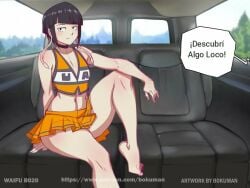 1girls barefoot bokuman cheerleader cheerleader_costume cheerleader_outfit cheerleader_uniform earphone_jack edit fake_taxi inminent_sex jirou_kyouka kyoka_jiro medium_ass medium_butt microskirt my_hero_academia necklace no_underwear purple_hair serious skirt small_boobs small_breasts spanish_text student text thick thick_hips thick_legs thick_thighs tiny_skirt tip tiptoes tsundere