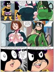 1boy 2girls ass big_ass big_breasts big_butt bodysuit breasts_bigger_than_head comic comic_page commission confused confused_look english_text female green_hair grin hero_outfit_(mha) large_breasts male mind_control minoru_mineta multiple_girls my_hero_academia oblivious ochako_uraraka smile text thick tsuyu_asui twisteddragonart unaware