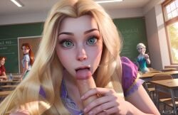 4girls ai_generated air34x anna_(frozen) ariel blonde_hair blowjob classroom clothing crossover disney disney_princess dress elsa_(frozen) eye_contact fellatio frozen_(film) green_eyes large_penis long_hair people_in_background pov rapunzel school sucking tangled the_little_mermaid