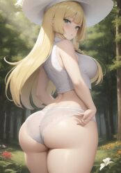 1girls ai_generated big_ass blonde_hair curvy fat_ass green_eyes human lace-trimmed_panties lillie_(pokemon) long_hair looking_at_viewer looking_back nintendo pawg pokemon pokemon_sm sunhat thick_thighs underwear white_shirt wide_hips