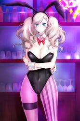 1girls alcohol alcohol_bottles ann_takamaki arms_crossed bar_(place) black_leotard blonde_hair blue_eyes bowtie breasts bunny_ears covered_navel detached_collar fake_animal_ears hairclip kuuairikeee large_breasts leotard looking_at_viewer pantyhose persona persona_5 pink_pantyhose playboy_bunny twintails wrist_cuffs