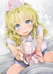 1boy blonde_hair blue_eyes blush commentary_request english_text female gift_wrapping hand_up happy_birthday hat ishikei long_hair original paid_reward_available parted_lips party_hat penis pov red_ribbon ribbon shirt short_sleeves sitting translation_request white_shirt wrapping_paper