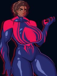 1girls big_breasts clawed_fingers claws dark-skinned_female dark_skin female genderswap_(mtf) huge_breasts looking_at_viewer marvel miguel_o'hara rixsama rule_63 solo spider-man:_across_the_spider-verse spider-man_2099 spider-woman_2099 thick_thighs