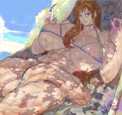 1futa 2023 2d abs alternate_version_at_source areolae balls beach breasts brown_hair clothed clothing colour cropped detailed_background futa_only futanari ginger ginger_hair green_eyes huge_balls huge_breasts huge_cock human large_balls large_breasts large_penis large_testicles light-skinned_futanari light_skin long_hair mostly_nude muscular muscular_futanari nipples on_back penis penis_jewelry solo toned zanzou