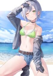 belt blush green_eyes green_swimsuit grey_hair hinomori_shiho jacket project_sekai shorts swimsuit wink