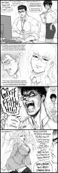 2boys 2girls 4_panel_comic absurd_res bb_(baalbuddy) berserk business_suit business_woman casca cleavage comic dark-skinned_female dark_skin demon_girl demon_wings dialogue english_text female four_panels funny glasses griffith guts_(berserk) highres inviting_to_sex male monochrome muscular muscular_male office office_clothing office_lady short_hair slan speech_bubble stockings tentacle_hair tomboy very_short_hair wings