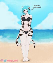 absurd_res anthro big_breasts bikini black_stripes blue_hair blush bra breasts clothed clothing digital_media_(artwork) felid female fur hair hi_res mammal pantherine panties skyearrt smile solo stripes swimwear tail text tiger underwear white_body white_fur