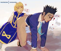 2boys bara black_hair blonde_hair censor_bar censored censored_penis clothed_sex cock_milking cock_worship crouching cumming dialogue eyes_rolling_back fully_clothed gay hairy hairy_legs hunter_x_hunter kurapika leorio_paladiknight milking onomatopoeia patreon_username pubic_hair red_eyes spoken_heart suit suit_and_tie sweat sweatdrop sweating tie xxxeaven yaoi