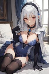 absurd_res ai_generated bed blanc_neige blue_dress breasts female gloves hairband hi_res highres idgaroo red_eyes shining_(series) shining_blade silver_hair stable_diffusion tights white_hair