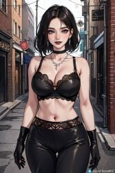 ai_generated anime_style arms_at_sides arms_down black_choker black_gloves black_leather blue_eyes brunette choker dark_hair gloves goth_girl leather_bra leather_gloves leather_pants leather_topwear looking_at_viewer original_character secret_room12 silver_necklace stable_diffusion thigh_gap