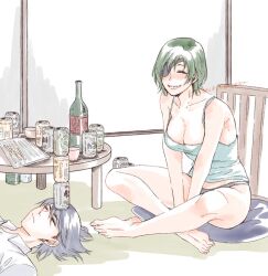 1boy 1girls 1mura_mura ^_^ balancing balancing_beer_on_head bare_arms bare_shoulders barefoot beer beer_can big_ass big_breasts chainsaw_man cleavage eyepatch female green_hair grin happy_female hayakawa_aki himeno_(chainsaw_man) indoors laughing lying lying_on_floor mappa medium_breasts no_bra no_pants object_on_head on_back on_floor panties short_hair smile table tank_top thick_thighs wholesome