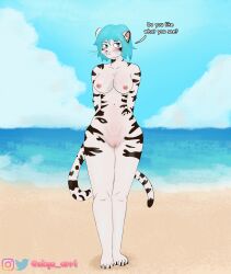 absurd_res anthro big_breasts black_stripes blue_hair blush breasts digital_media_(artwork) felid female fur genitals hair hi_res mammal nipples nude pantherine pussy skyearrt smile solo stripes tail text tiger white_body white_fur