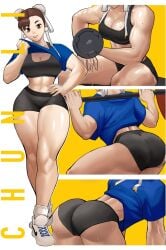 1girls abs ankle_socks anklehighs ass bent_over bike_shorts black_shorts black_sports_bra blue_shirt breasts brown_eyes brown_hair bun_cover character_name chun-li cleavage clothed clothes_lift crop_top double_bun earrings english_commentary exercise female female_only full_body fully_clothed hair_bun hand_on_own_hip head_out_of_frame high_tops highres jewelry large_breasts legs lifted_by_self looking_at_viewer median_furrow midriff multiple_views narrow_waist navel nike parted_lips shiny_skin shirt shirt_lift shoes short_hair shorts sitting smile sneakers socks solo sports_bra squatting street_fighter sweat thick_thighs thighs thighs_together toned weightlifting white_footwear white_socks workout_clothes zukululuu